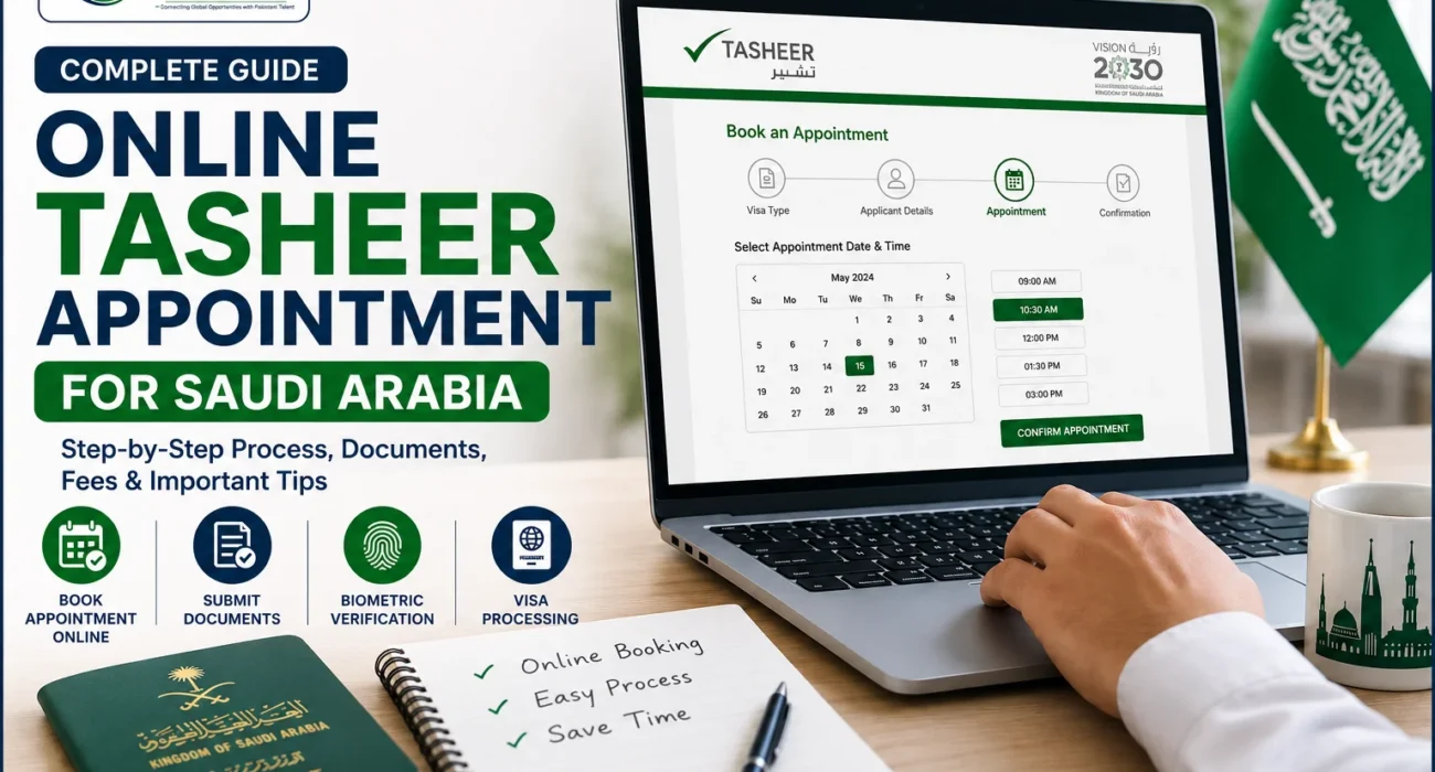 Online Tasheer appointment process for Saudi Arabia showing visa booking, biometric verification, passport submission, and appointment scheduling.