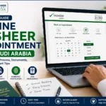 Online Tasheer appointment process for Saudi Arabia showing visa booking, biometric verification, passport submission, and appointment scheduling.