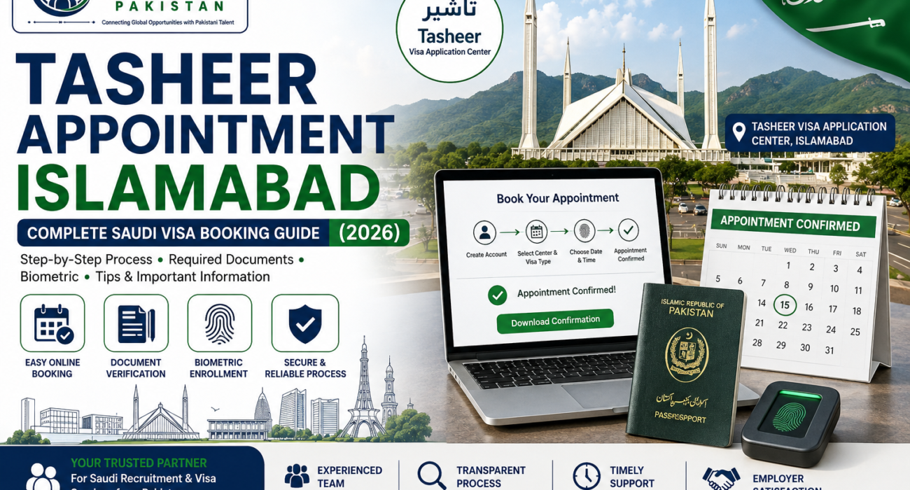 Applicant booking a Tasheer appointment in Islamabad for a Saudi Arabia visa with passport, biometric verification, and online appointment confirmation.