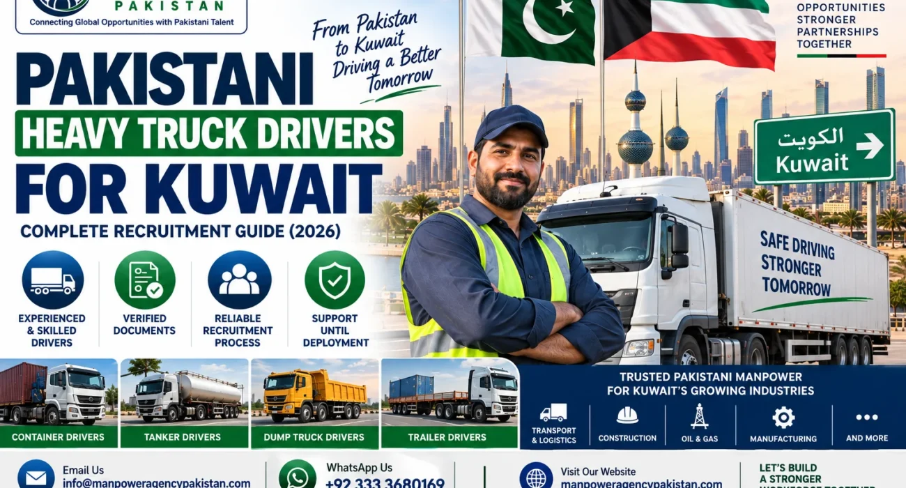 Pakistani heavy truck driver preparing for employment in Kuwait with a commercial truck and recruitment documents
