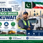 Pakistani heavy truck driver preparing for employment in Kuwait with a commercial truck and recruitment documents